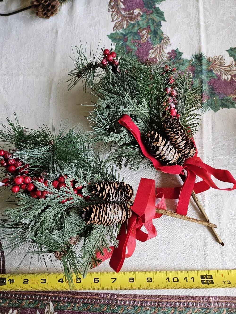 Holiday Greenery - Red Berry & Pine Picks, Burgundy In White, Metal Sleigh